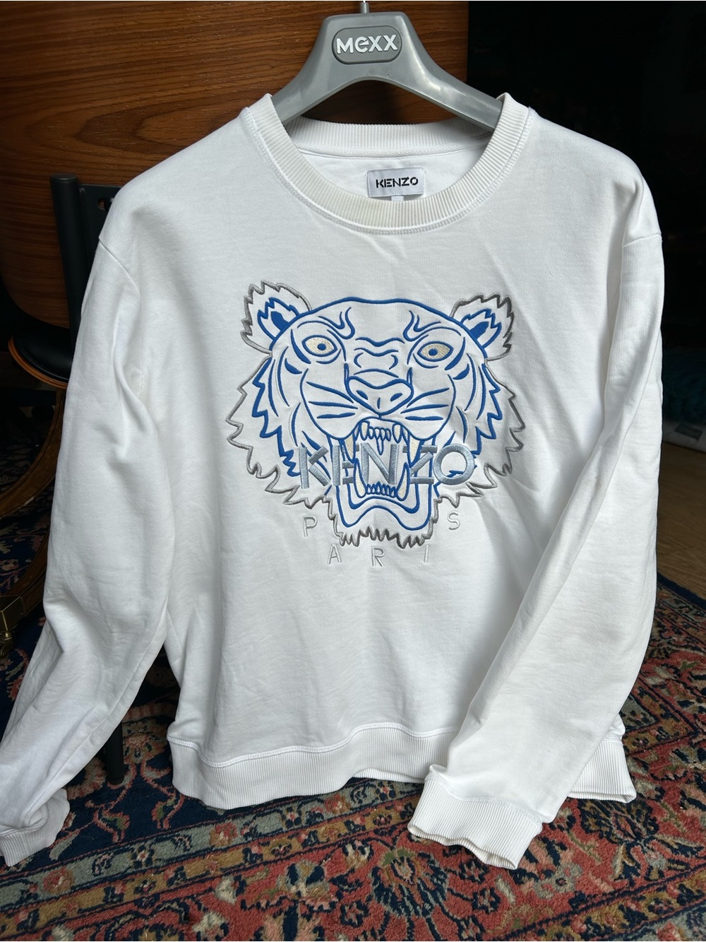 Kenzo White Crewneck Sweatshirt with Blue & Gray Tiger Embroidery